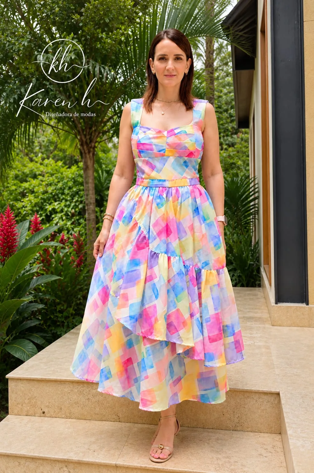 Vestido Maxi Gasa Acuarela Pastel & Lazadas en Hombros
